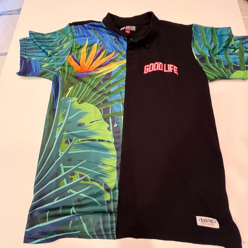 Black Pike Good Life Tropical Floral Split Polo Shirt Mens XL Black Green Pique